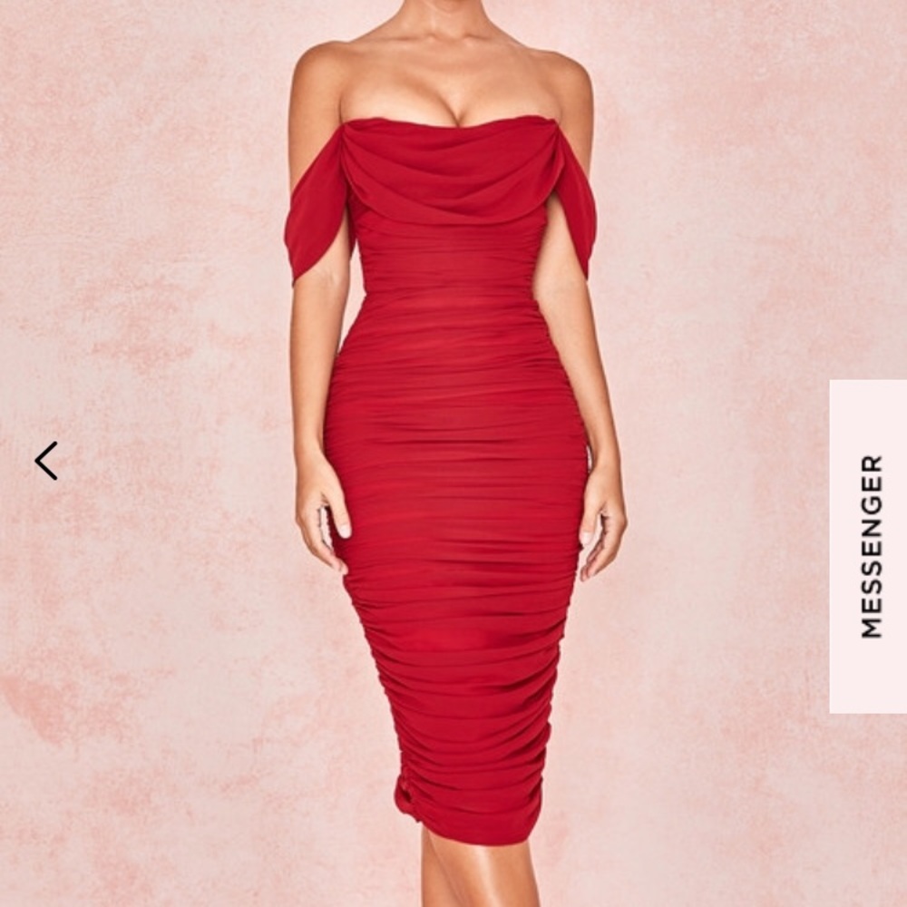 House of CB Carlotta wine draped chiffon dress.